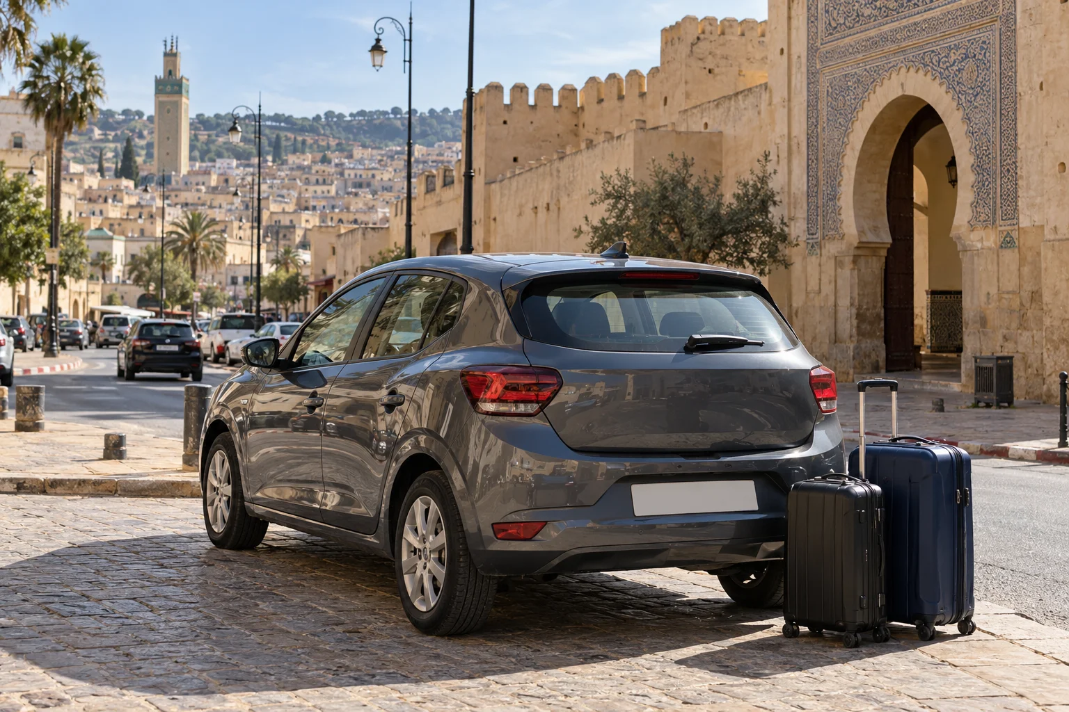 Mietwagen wartet an einem zugänglichen Abholpunkt außerhalb der historischen Medina in Fès. Kurzfristige Mietwagen Fès