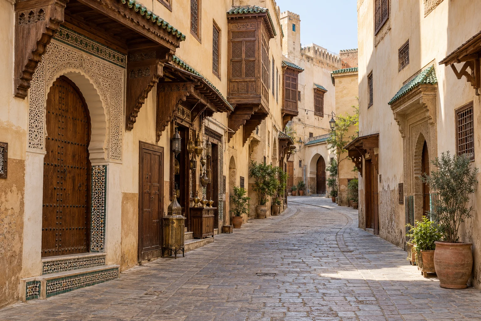Historic Mellah streets and traditional balconies in Fes el Jdid near the Royal Palace. royal palace fes