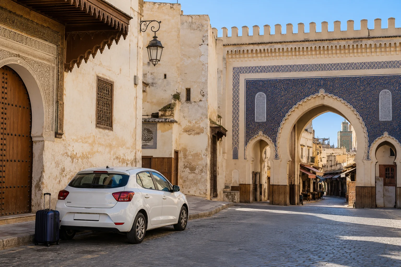 Strada accessibile ai veicoli vicino alla medina storica di Fes e quartiere di riad tradizionali. hotel fes con parcheggio